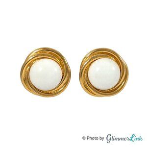 Vintage Trifari Round White Cabochon Twisted Trim Gold Tone Clip On Earrings